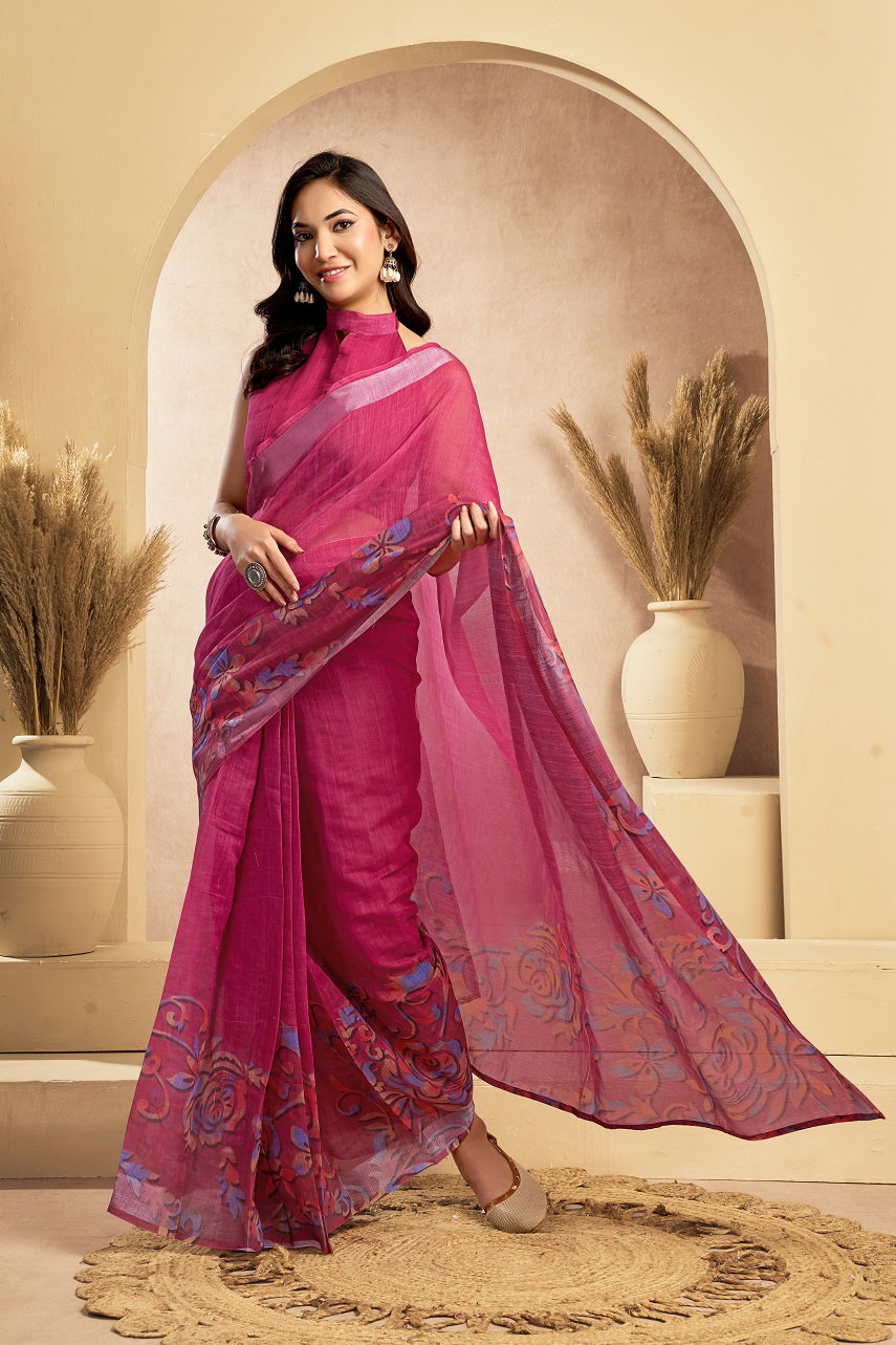 Meera 315 Party Wear Printed Linen Ready to Wear Saree with Un stitched Blouse