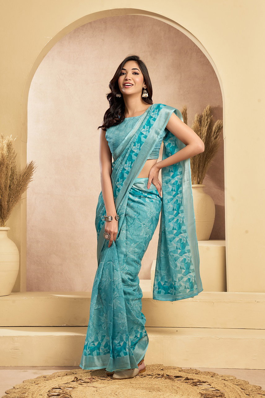 Meera 315 Party Wear Printed Linen Ready to Wear Saree with Un stitched Blouse
