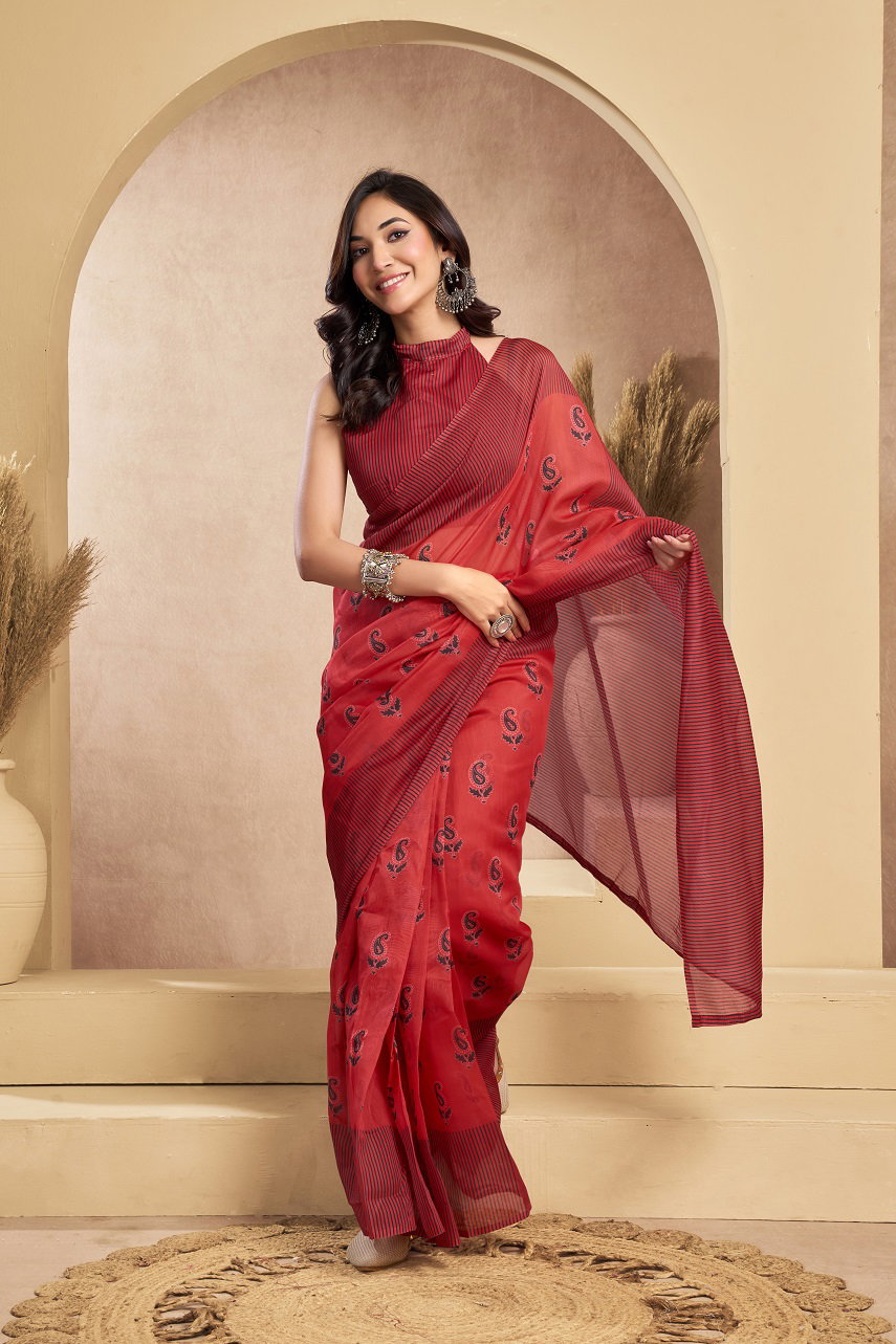 Meera 315 Party Wear Printed Linen Ready to Wear Saree with Un stitched Blouse