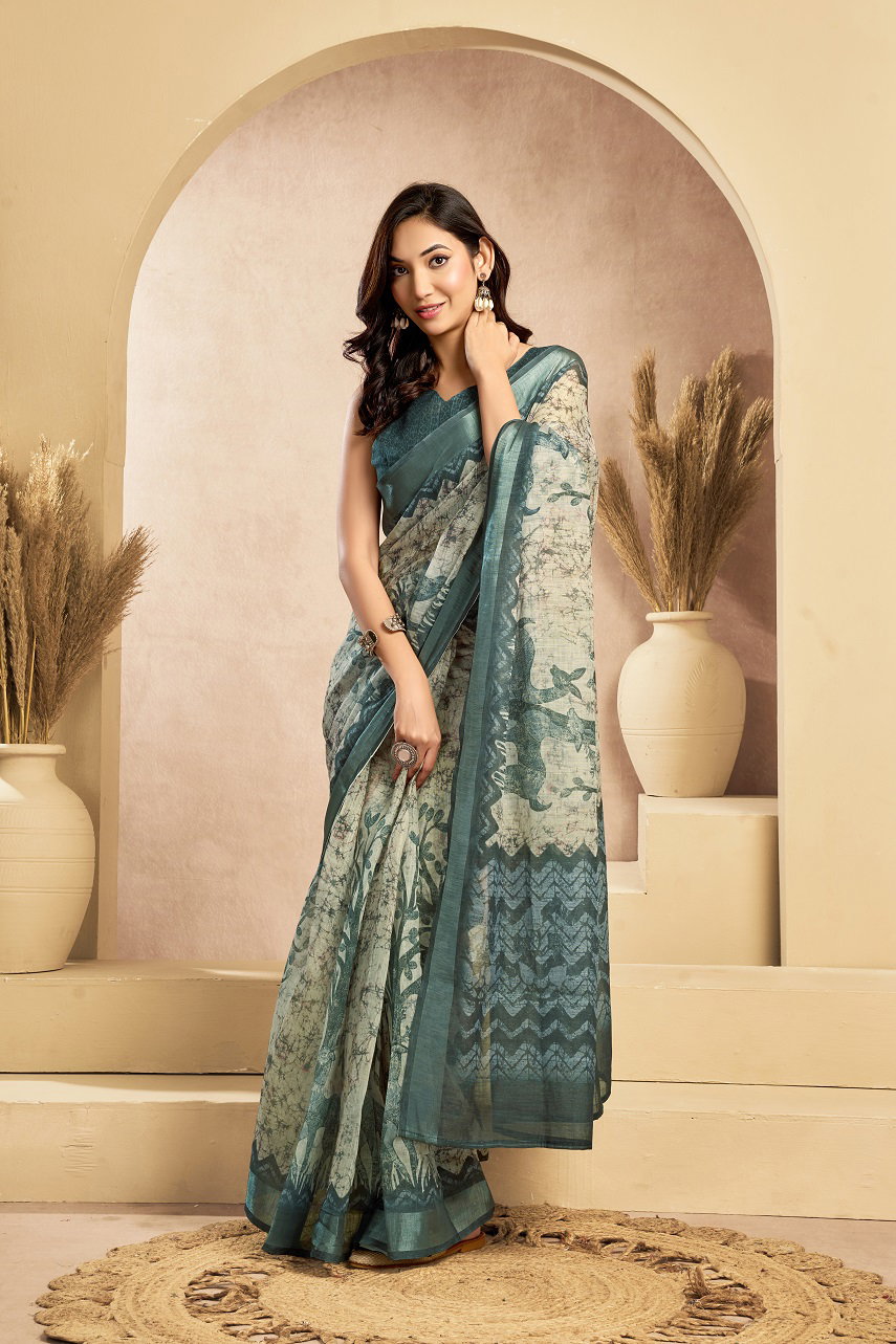 Meera 315 Party Wear Printed Linen Ready to Wear Saree with Un stitched Blouse