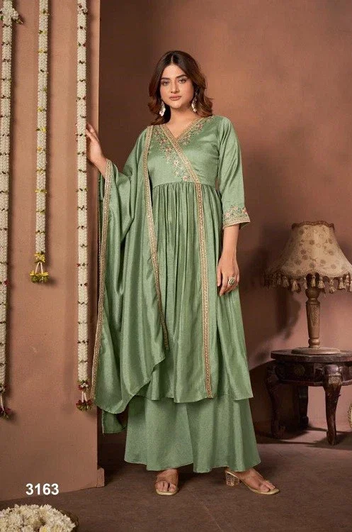 Ladies Flavour 3163 To 3165 Vichitra Silk Kurti Bottom With Dupatta Collection