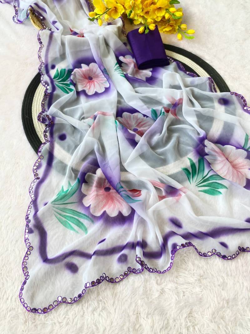 Cp 8261 Georgette Hand Print Mirror Worked Beautiful Saree Collection