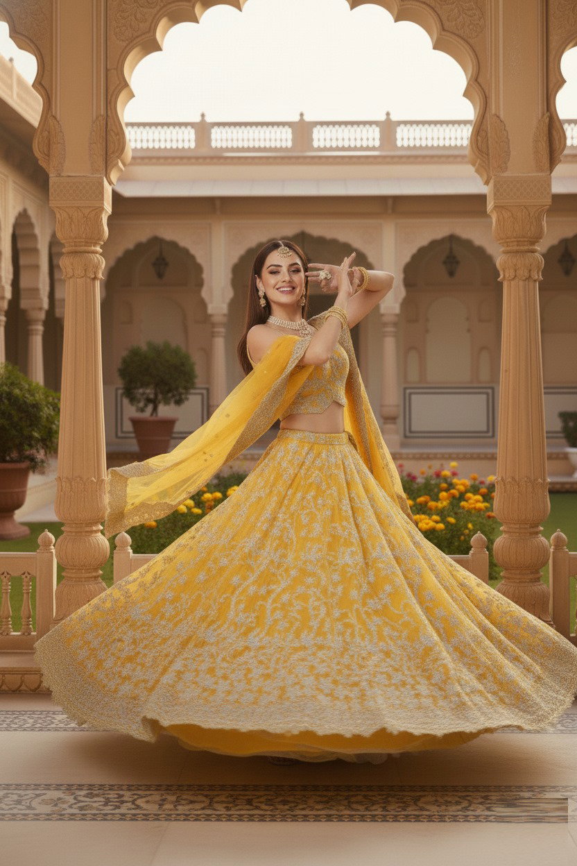 Aawiya Agnilekha 1004 Yellow Soft Net Embroidery Lehenga Choli