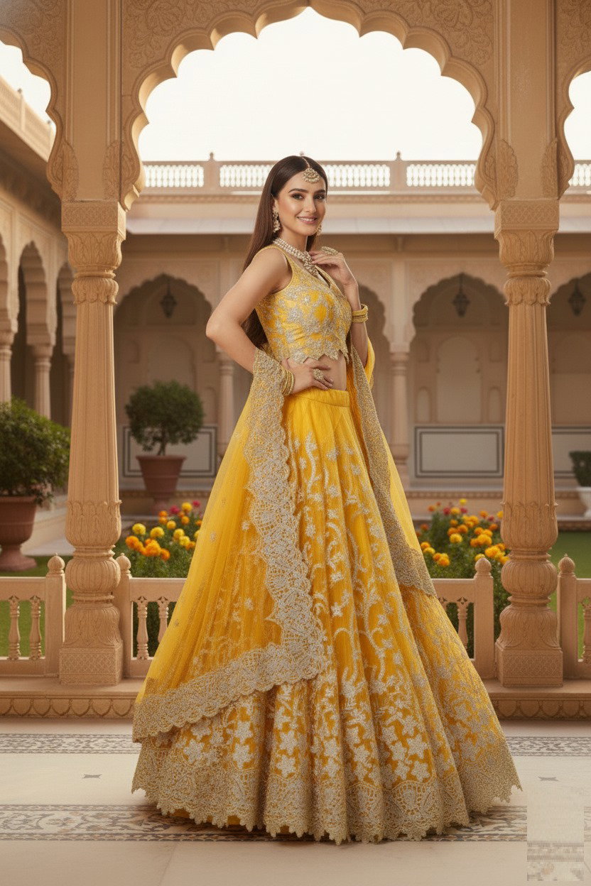 Aawiya Agnilekha 1004 Yellow Soft Net Embroidery Lehenga Choli