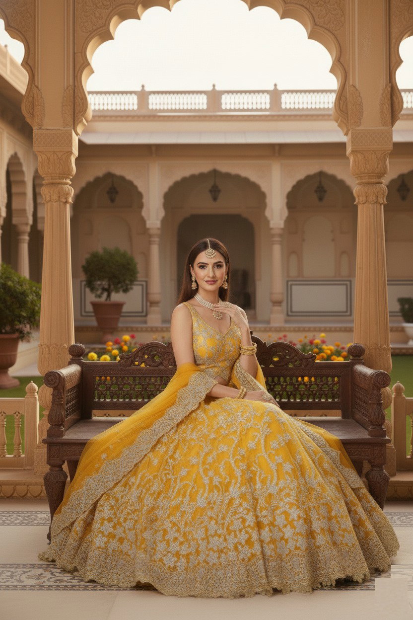 Aawiya Agnilekha 1004 Yellow Soft Net Embroidery Lehenga Choli