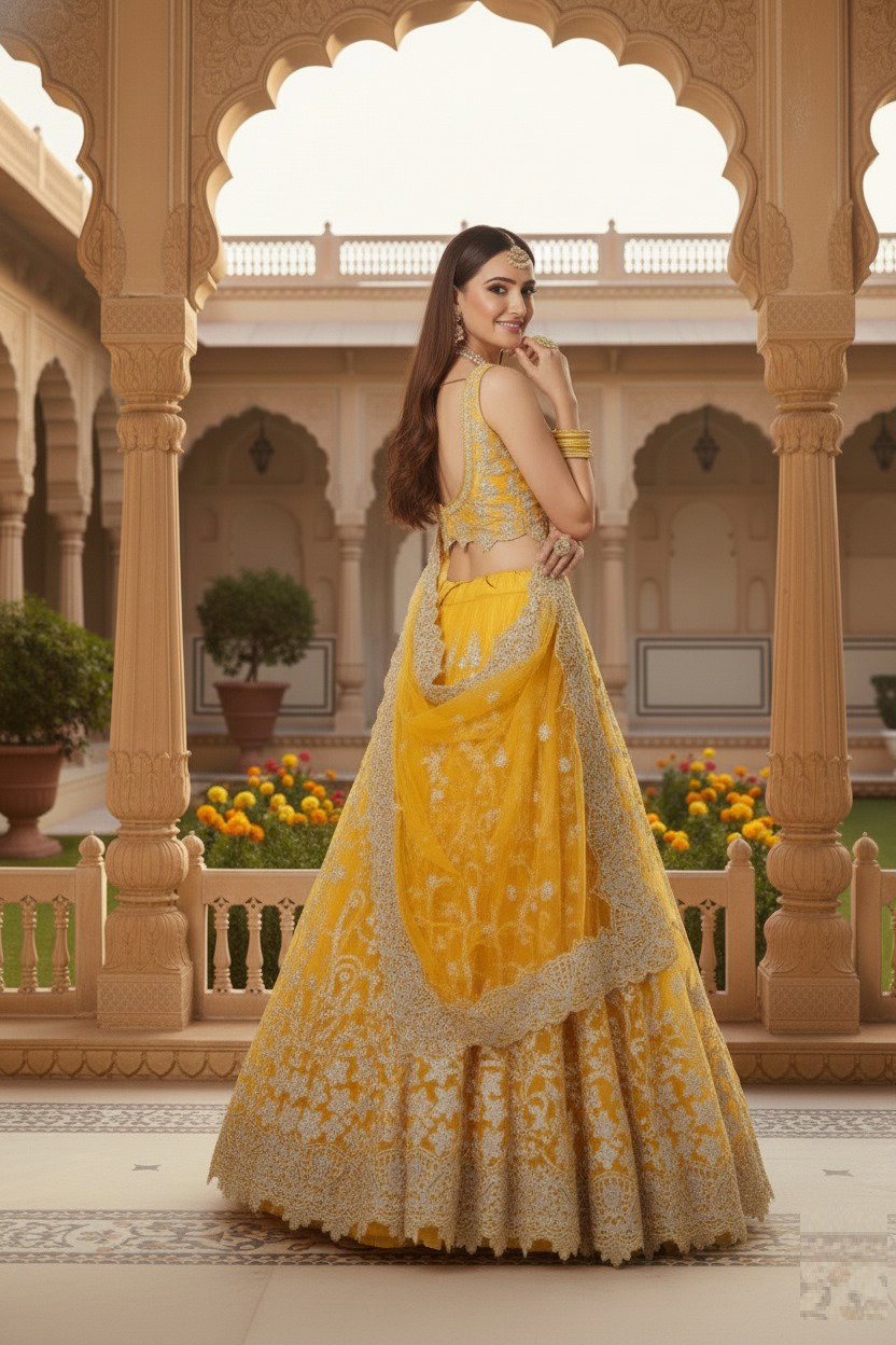 Aawiya Agnilekha 1004 Yellow Soft Net Embroidery Lehenga Choli