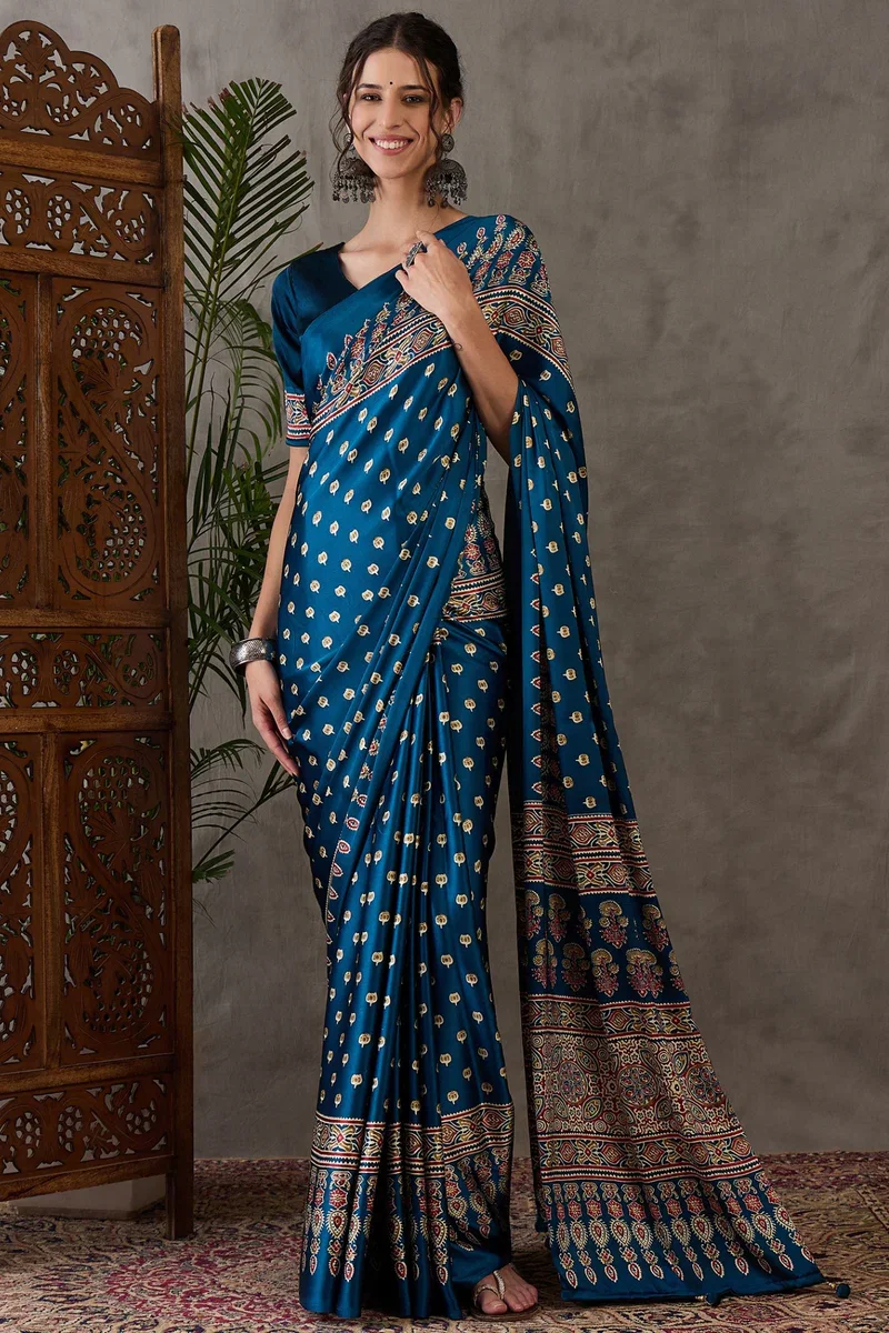 Gf Lux 1 Ajrakh Printed Satin Gaji Silk Saree Collection 