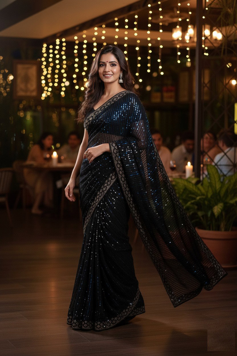 Aawiya PC 19 Black Georgette Multi Sequins Party Wear Saree