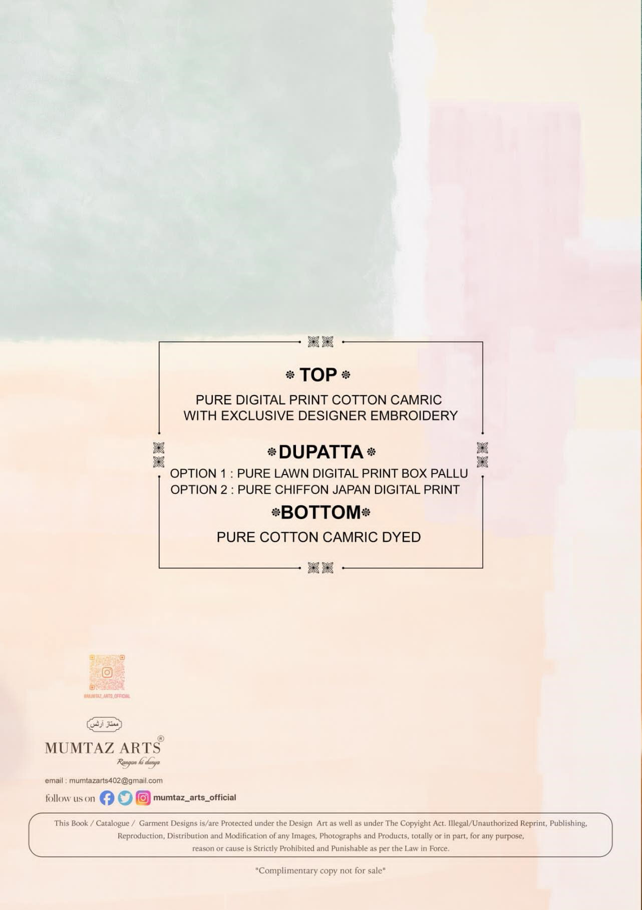 Mumtaz Vintage Pastel Camric Digital Printed Designer Dress Material