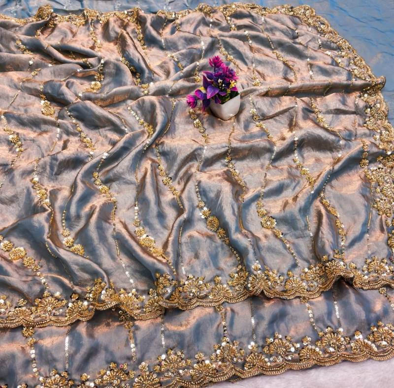 Vt 6071 T Space Silk With Original Gold Beeds Worked Saree Collection
