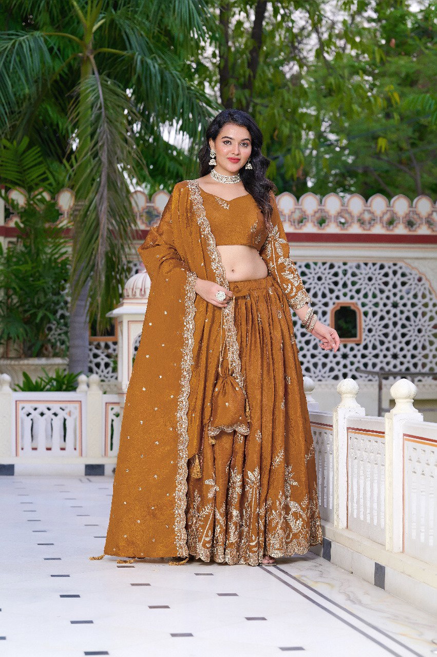 Aawiya PC1022 Rust Orange Gold Crush Weaving Zari Lehenga Choli