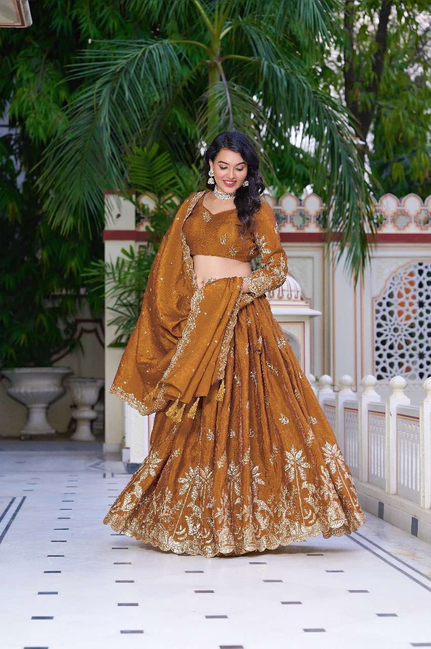 Aawiya PC1022 Rust Orange Gold Crush Weaving Zari Lehenga Choli
