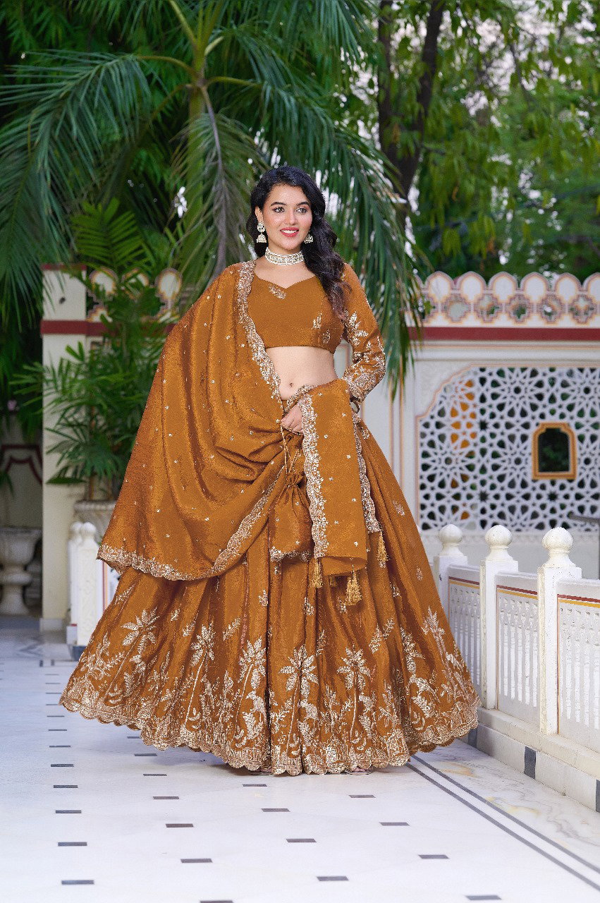 Aawiya PC1022 Rust Orange Gold Crush Weaving Zari Lehenga Choli