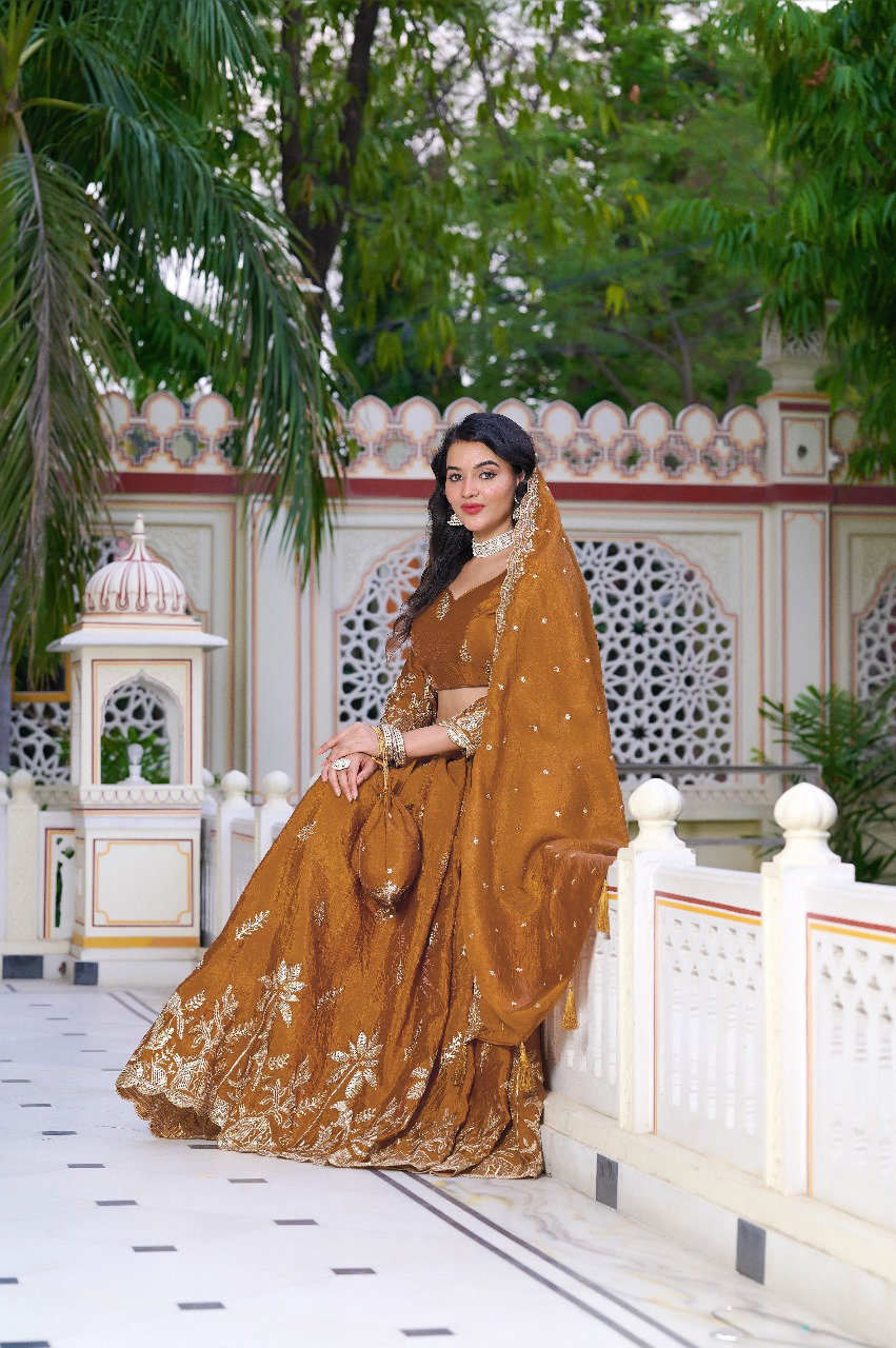 Aawiya PC1022 Rust Orange Gold Crush Weaving Zari Lehenga Choli