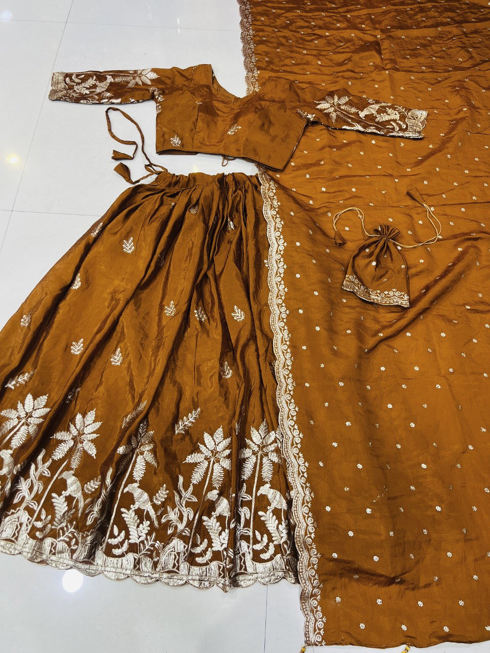 Aawiya PC1022 Rust Orange Gold Crush Weaving Zari Lehenga Choli
