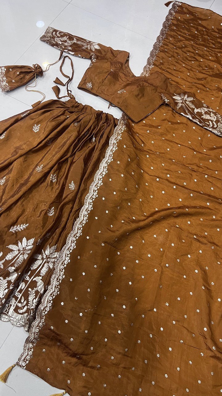 Aawiya PC1022 Rust Orange Gold Crush Weaving Zari Lehenga Choli