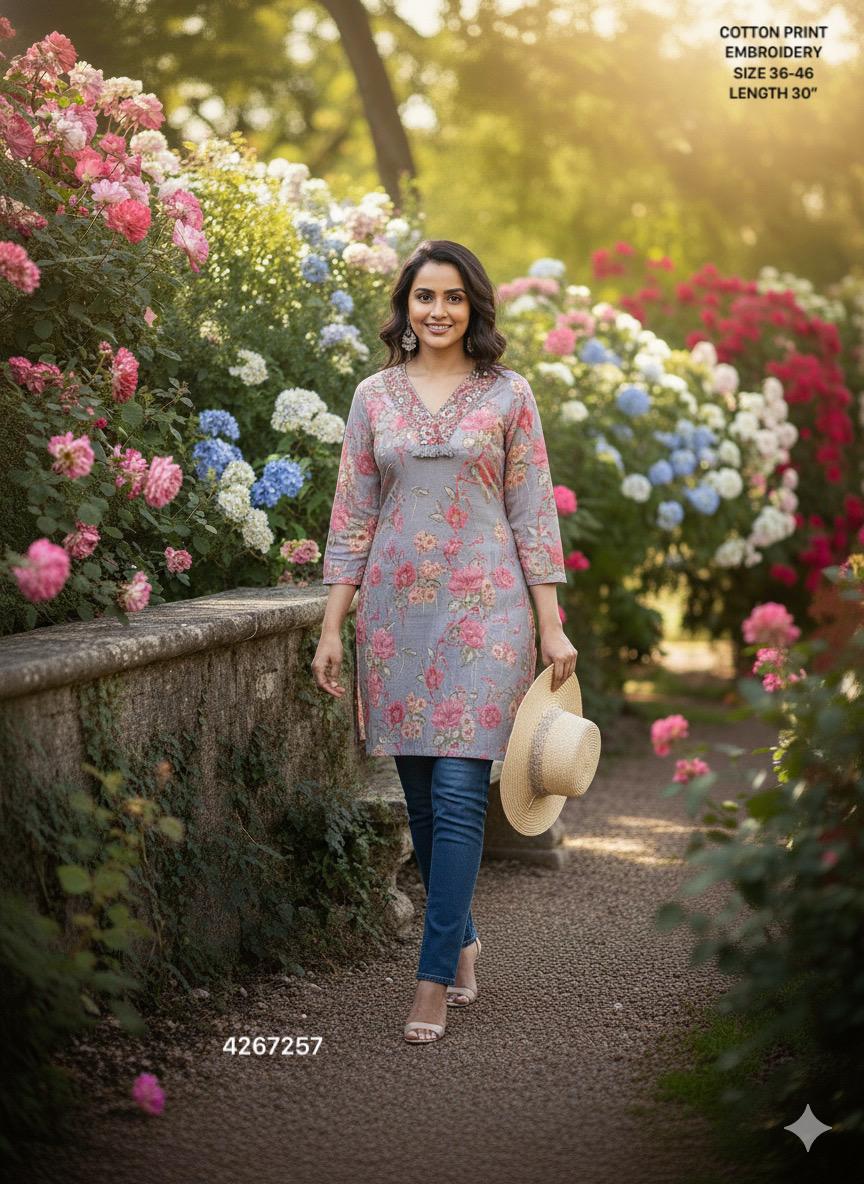 Naisha K 509 Cotton Print Embroidery Casual Wear Kurti Collection