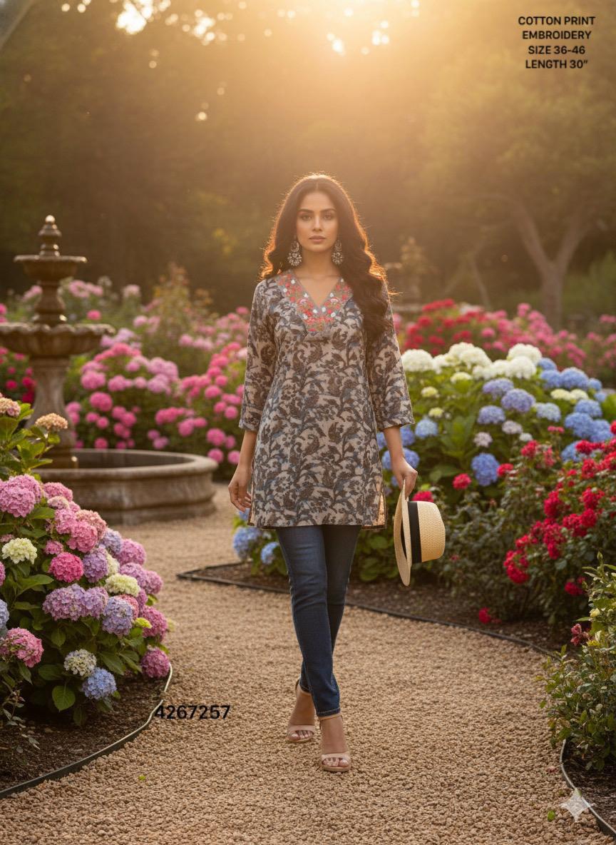 Naisha K 509 Cotton Print Embroidery Casual Wear Kurti Collection