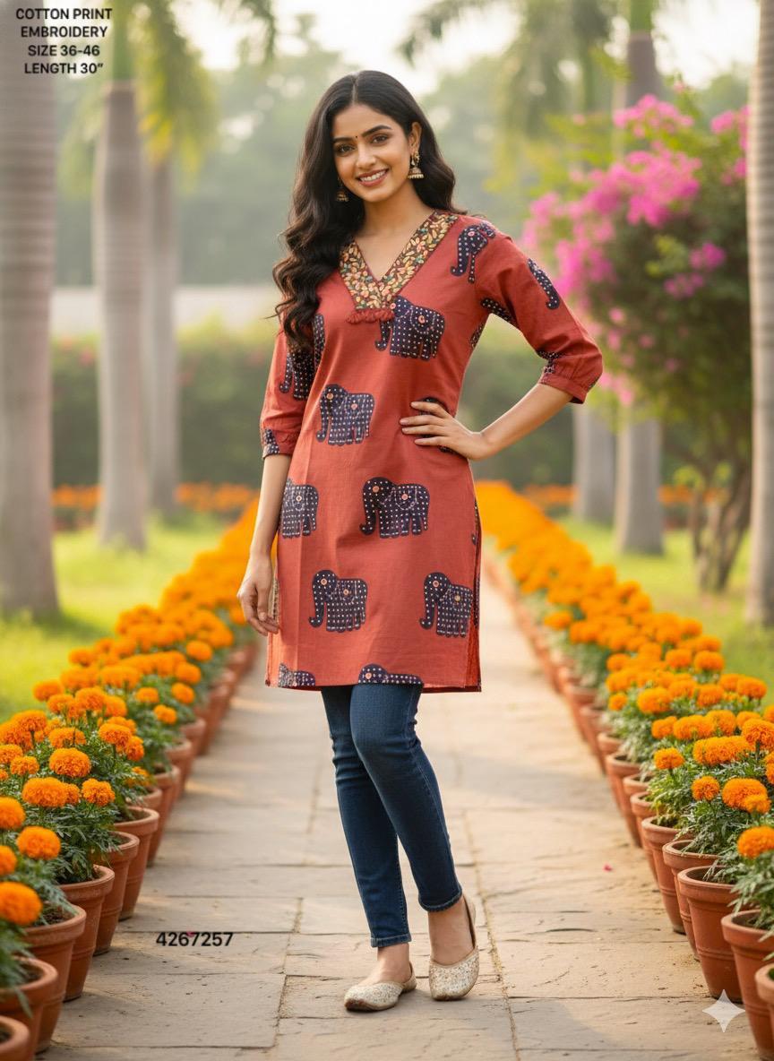 Naisha K 509 Cotton Print Embroidery Casual Wear Kurti Collection