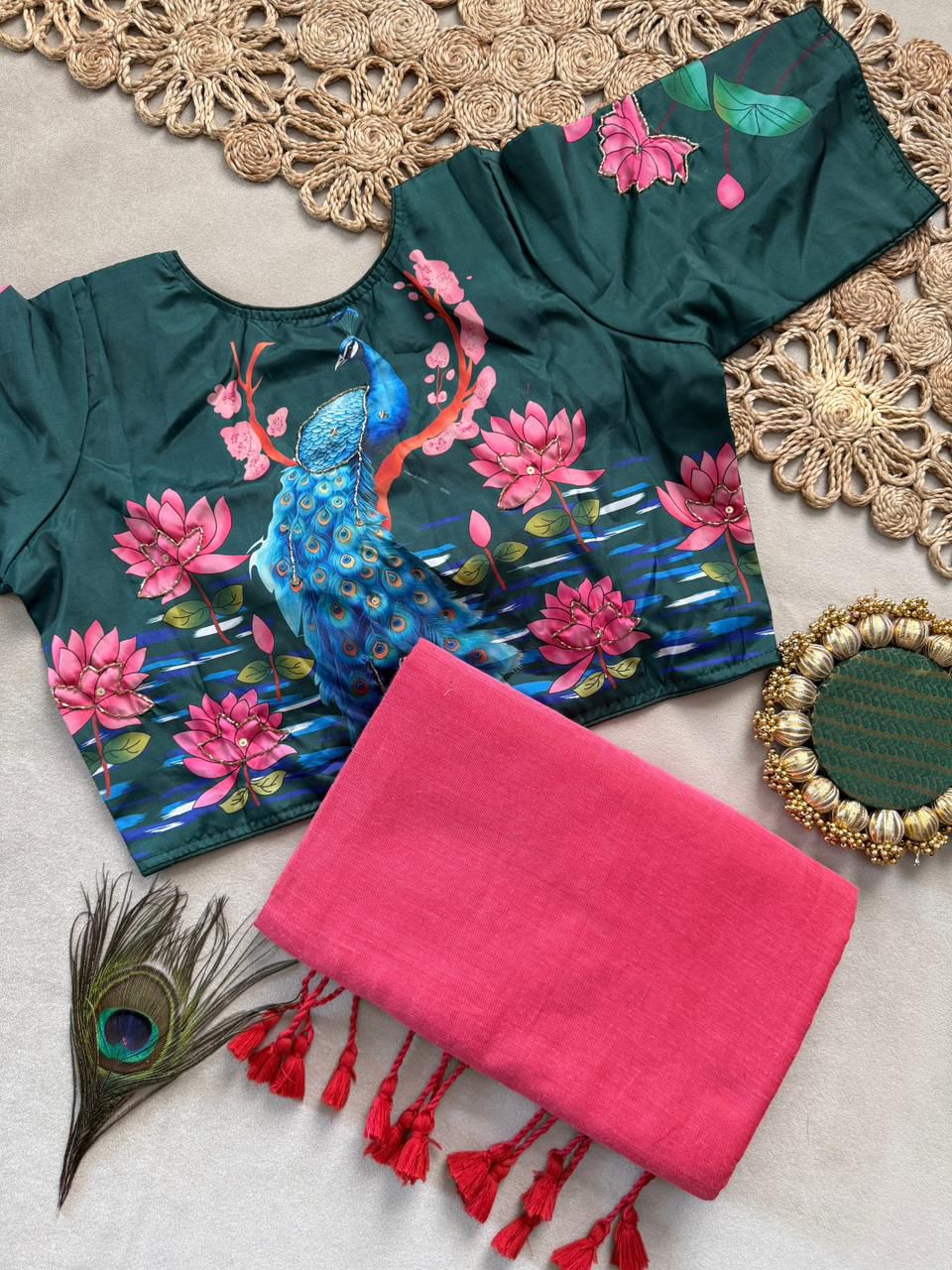Lekha CF 214 Khadi Cotton Plain Saree With Heavy Hand Work Readymade Blouse