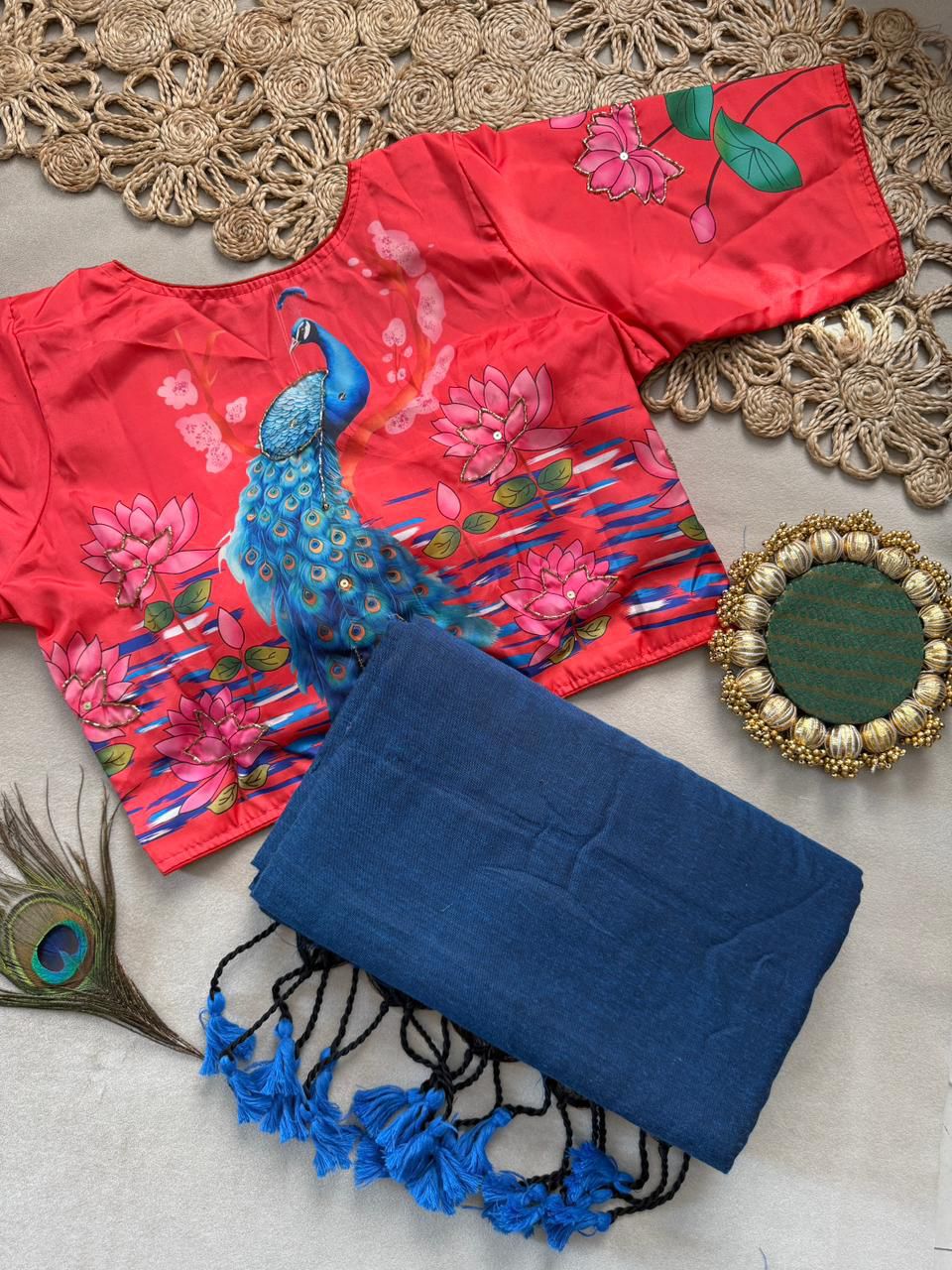 Lekha CF 214 Khadi Cotton Plain Saree With Heavy Hand Work Readymade Blouse
