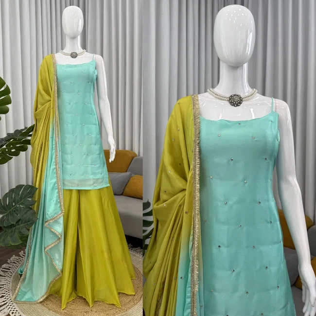Glory 5914 Designer Chinon Silk Sharara Set With Dupatta