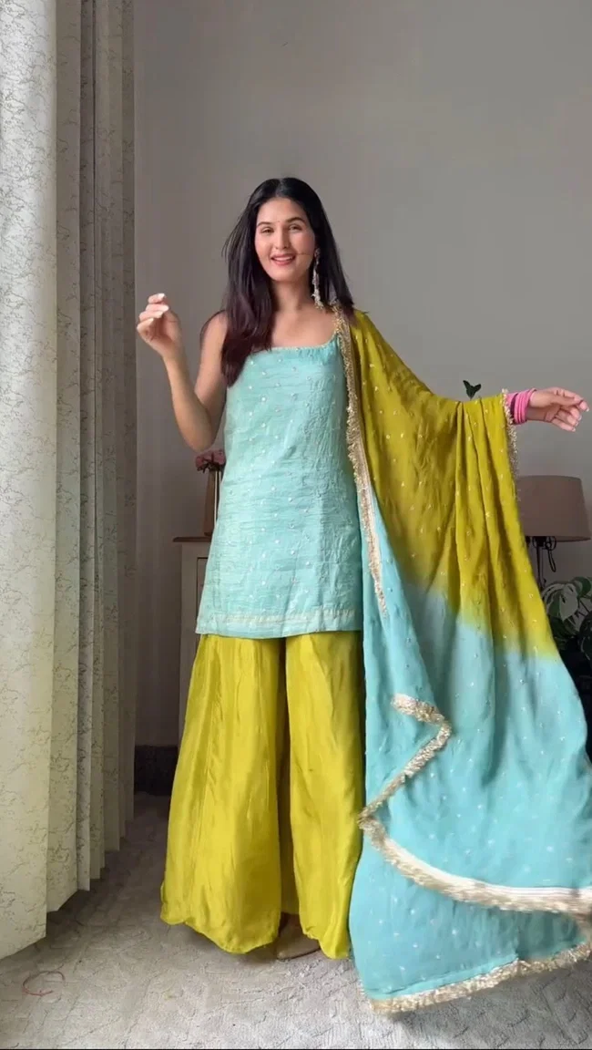 Glory 5914 Designer Chinon Silk Sharara Set With Dupatta