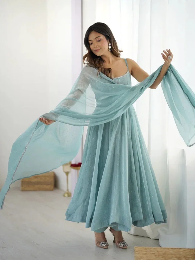 Glory 5883 Crunch Silk Anarkali Gown With Pent Dupatta