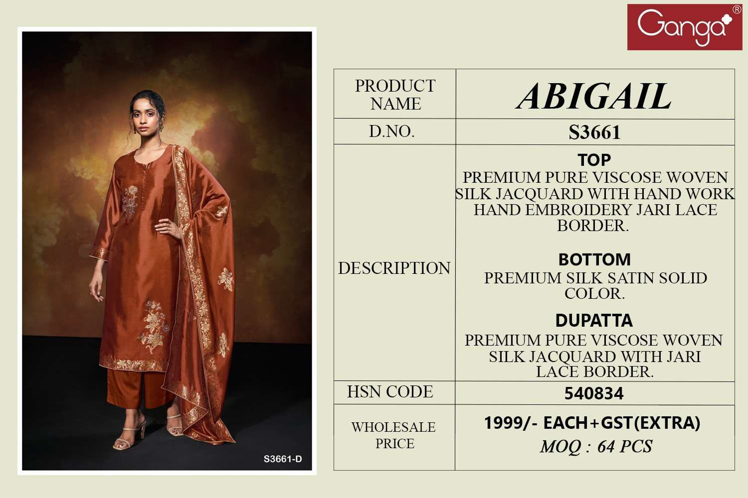 Ganga Abigail 3661 Viscose Woven Silk Embroidery Salwar Kameez
