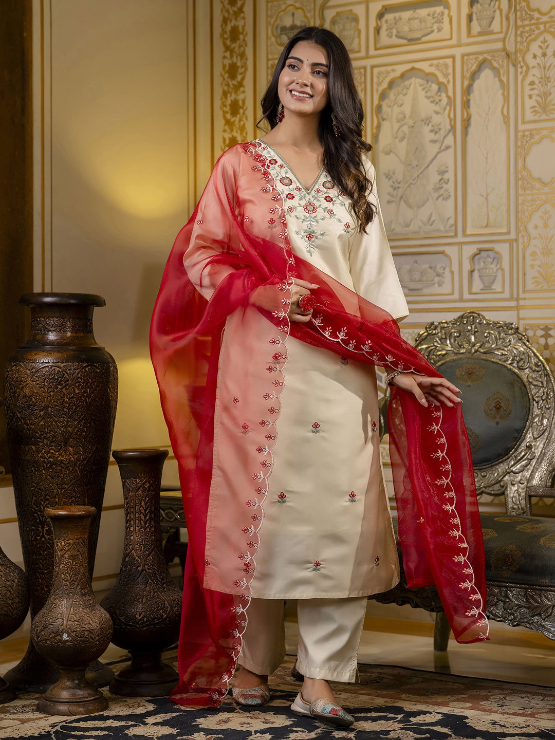 VP 9657 Embroidered Silk Blend Calf Length Straight Kurta Set