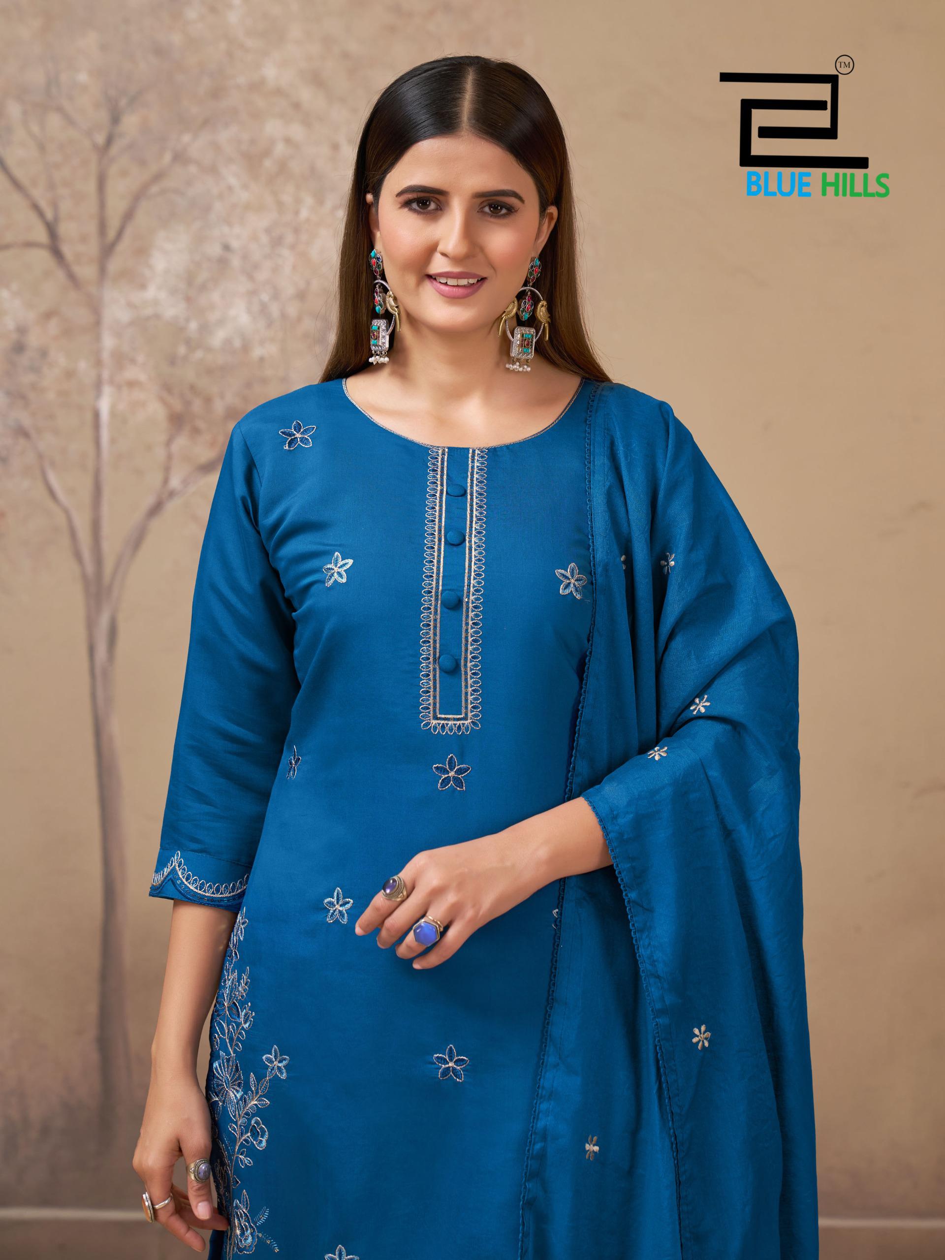 Blue Hills Hiba Roman Silk Embroidery Work Kurti Pant And Dupatta