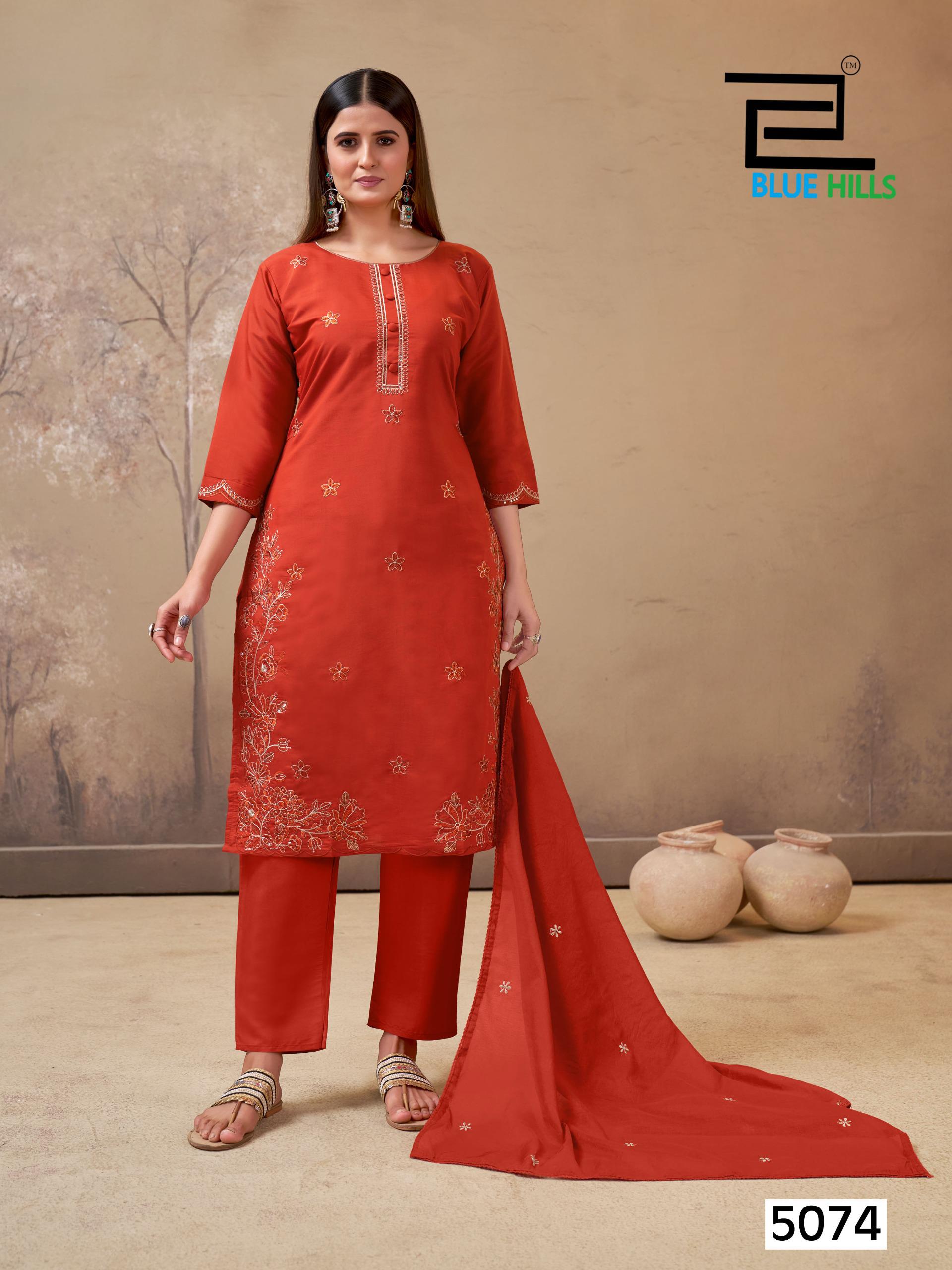 Blue Hills Hiba Roman Silk Embroidery Work Kurti Pant And Dupatta
