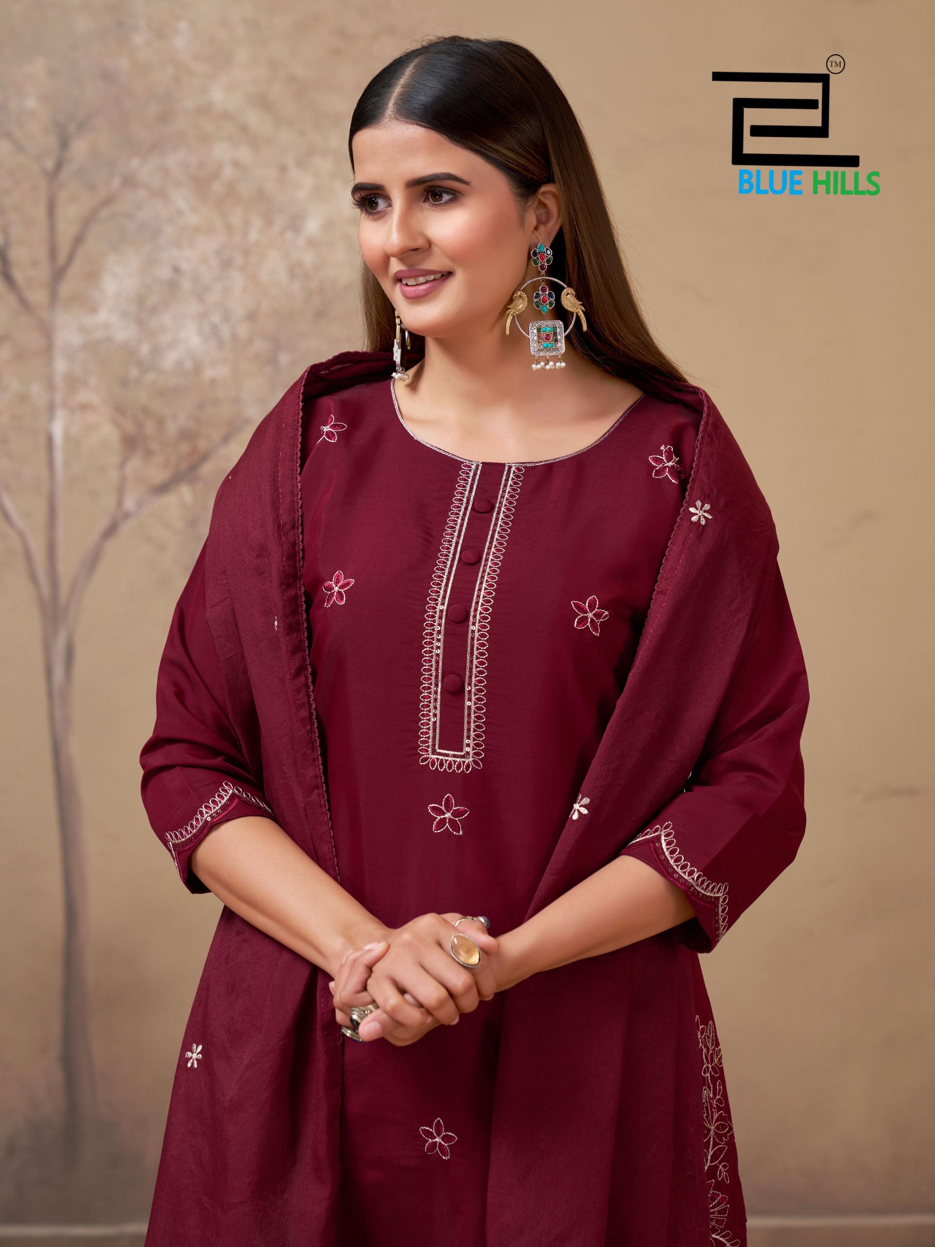 Blue Hills Hiba Roman Silk Embroidery Work Kurti Pant And Dupatta