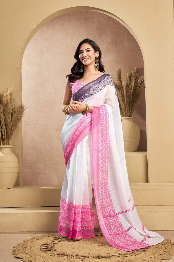 Meera 317 Party Wear Printed Linen Fabric Ready to Wear Saree with Un Stitched Blouse
