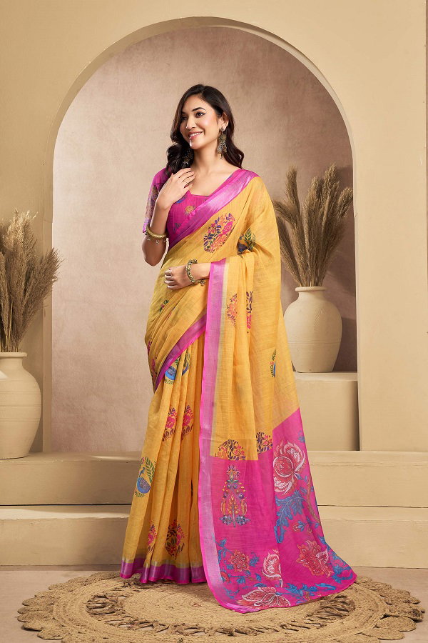Meera 317 Party Wear Printed Linen Fabric Ready to Wear Saree with Un Stitched Blouse