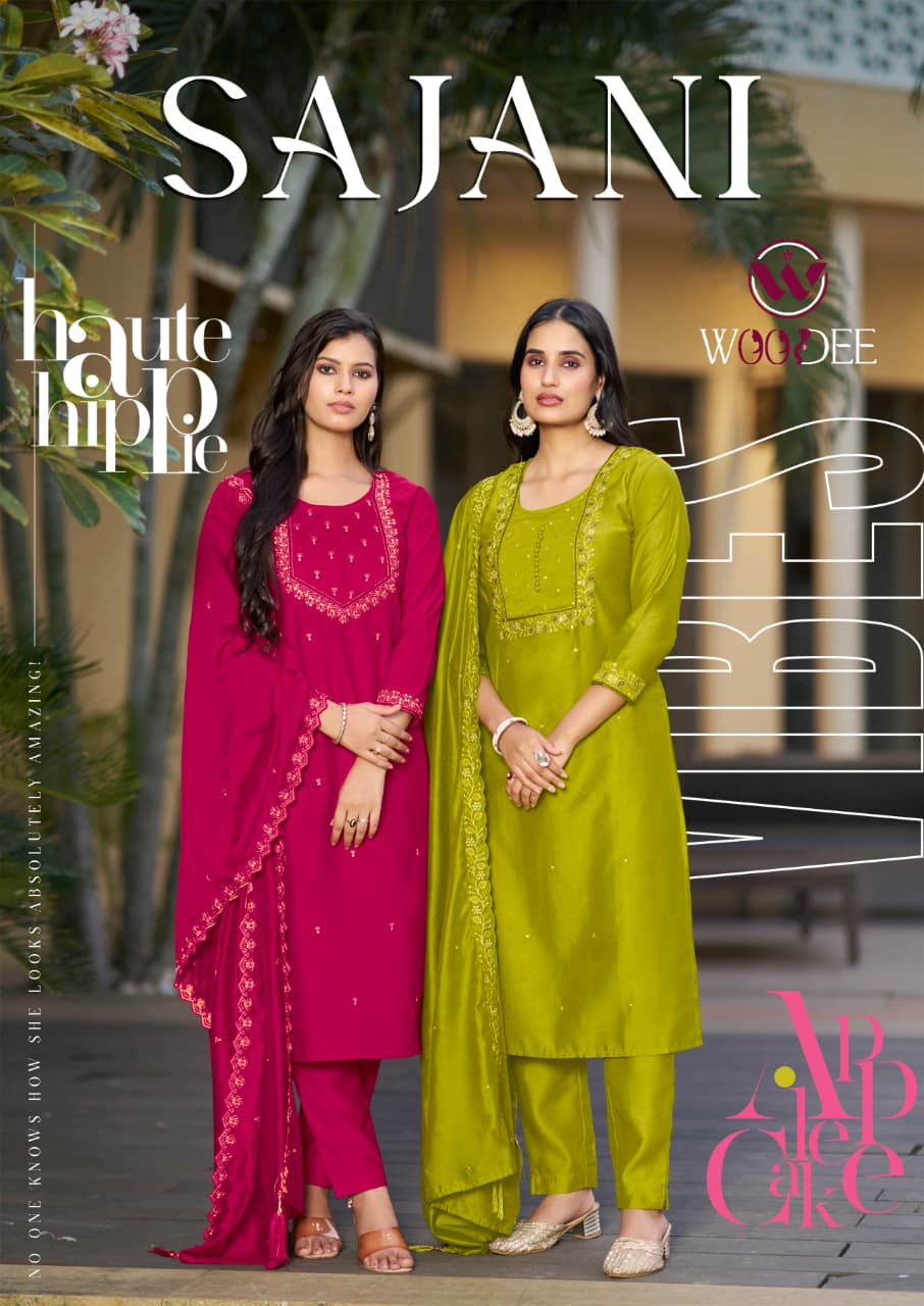 Woodee Sajani Viscose Gadhwal Threadwork Kurti Pant And Dupatta