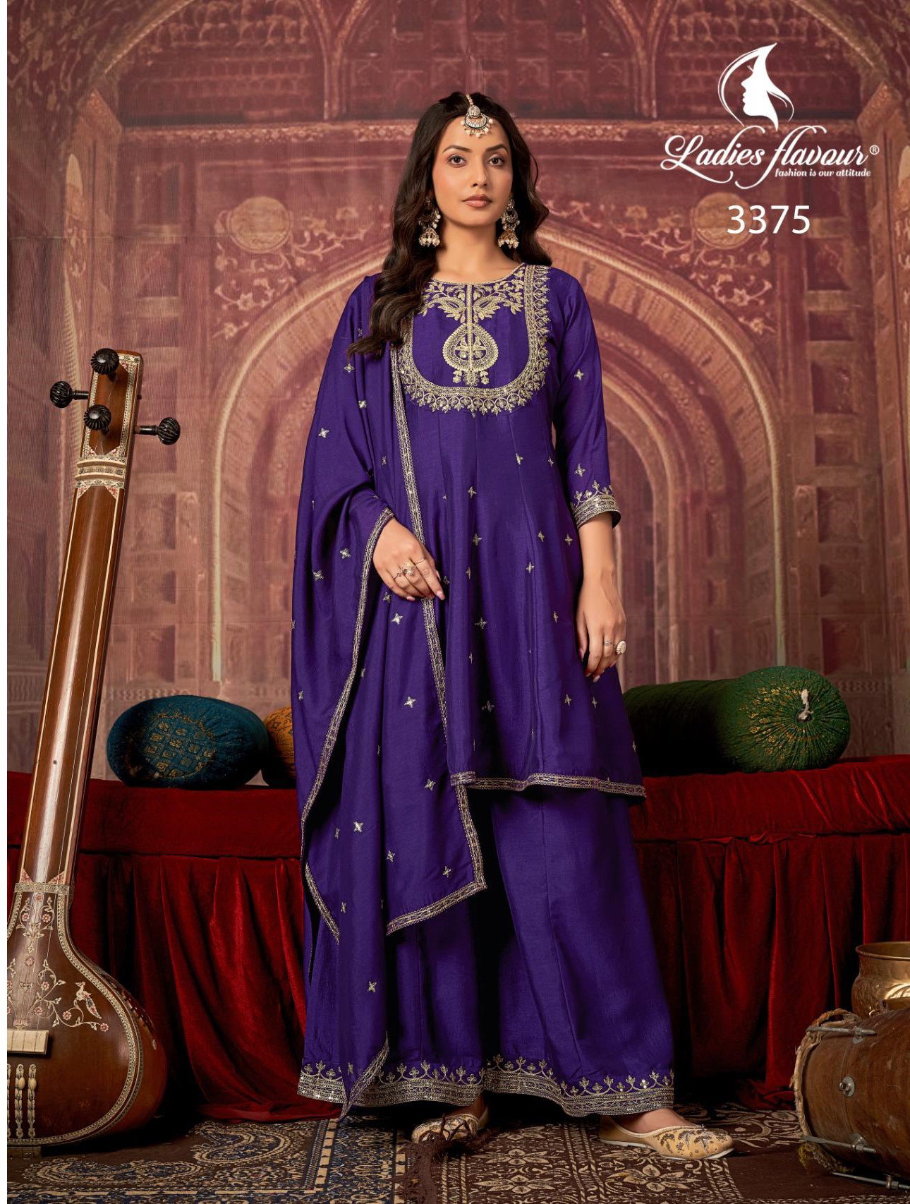 Ladies Flavour 3373 To 3375 Vichitra Embroidery Work Kurti Pant And Dupatta
