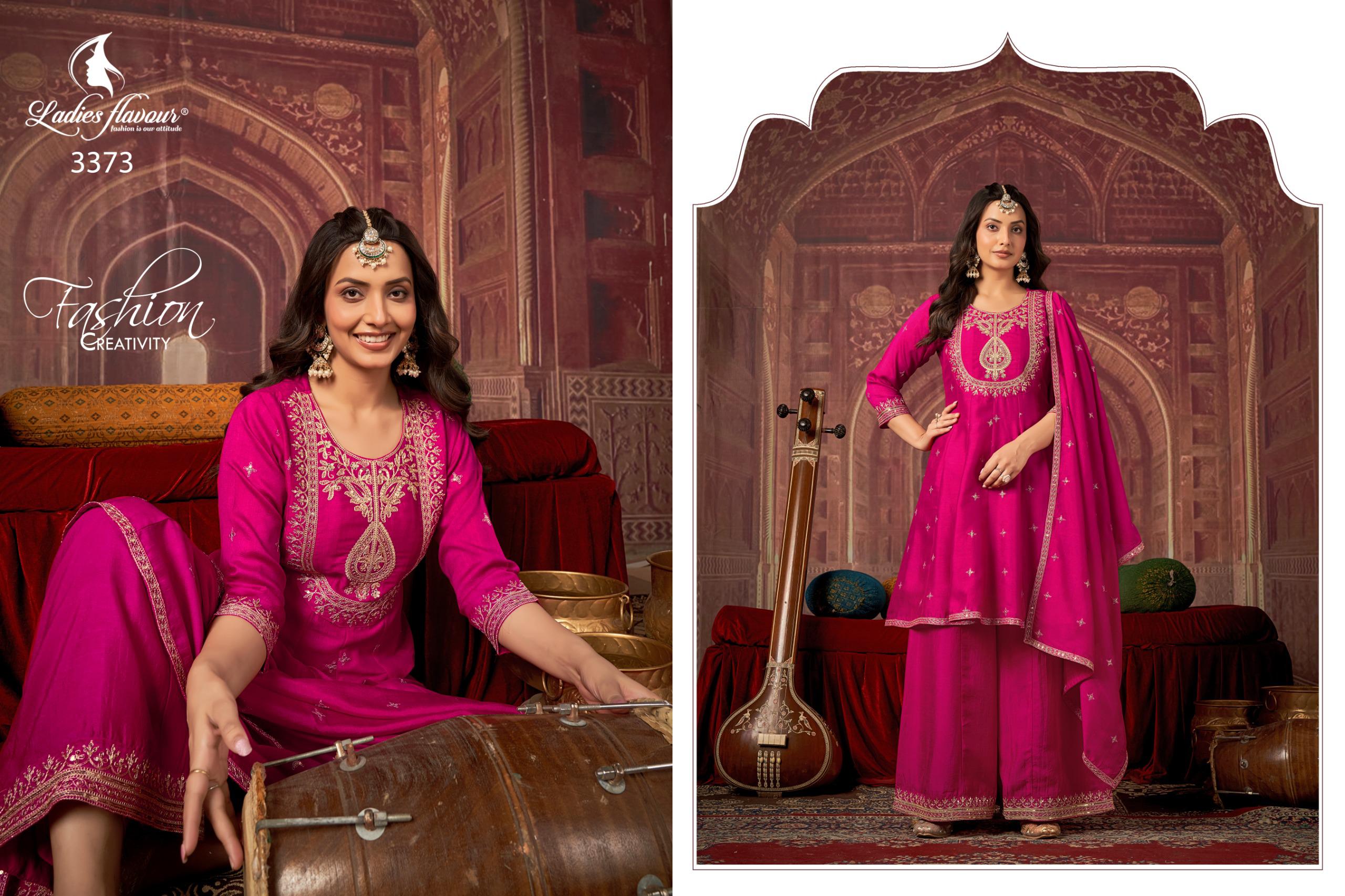 Ladies Flavour 3373 To 3375 Vichitra Embroidery Work Kurti Pant And Dupatta