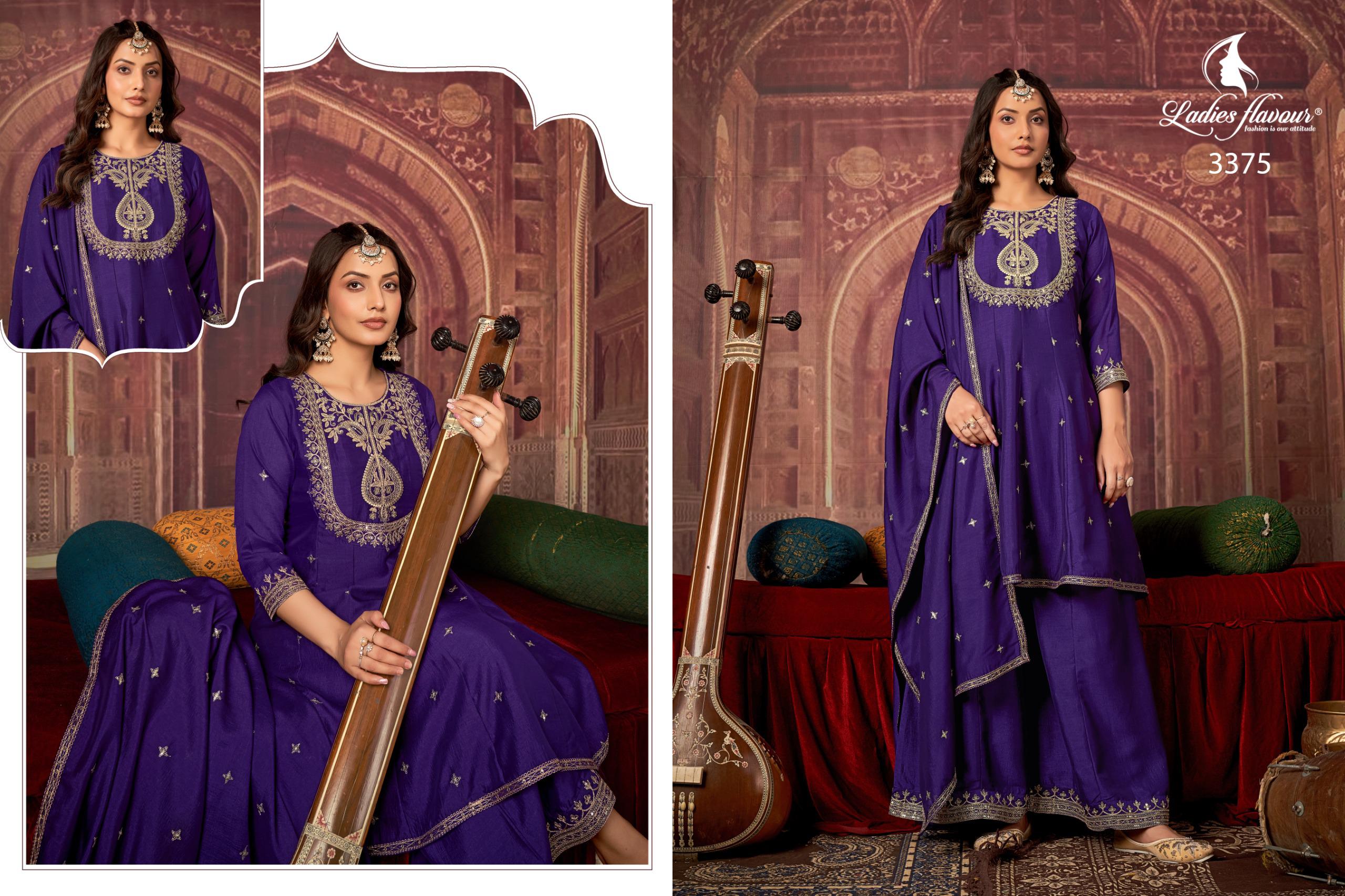 Ladies Flavour 3373 To 3375 Vichitra Embroidery Work Kurti Pant And Dupatta