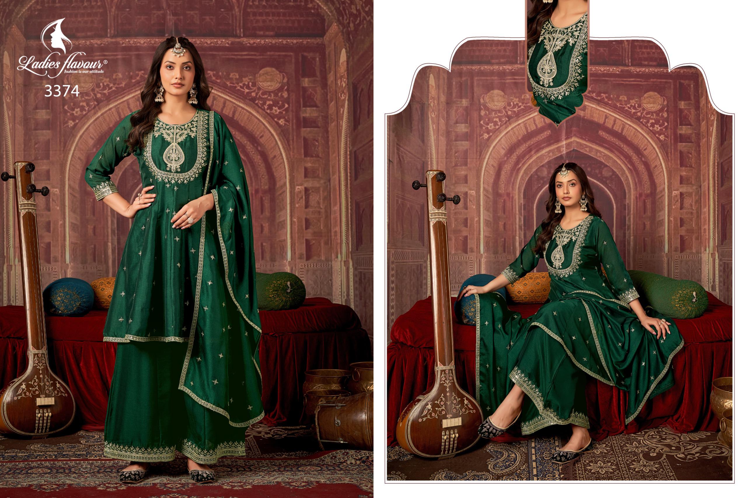 Ladies Flavour 3373 To 3375 Vichitra Embroidery Work Kurti Pant And Dupatta