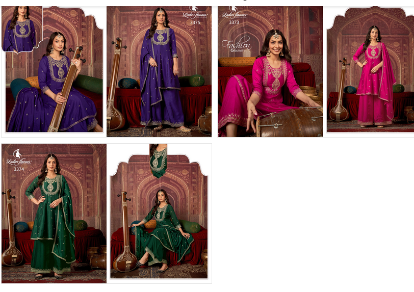 Ladies Flavour 3373 To 3375 Vichitra Embroidery Work Kurti Pant And Dupatta
