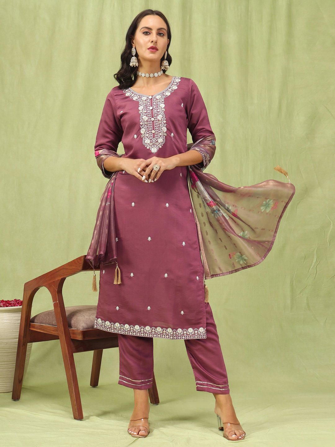 VP 9594 Viscose Roman Silk Embroidery Straight Kurta Pant with Organza Dupatta