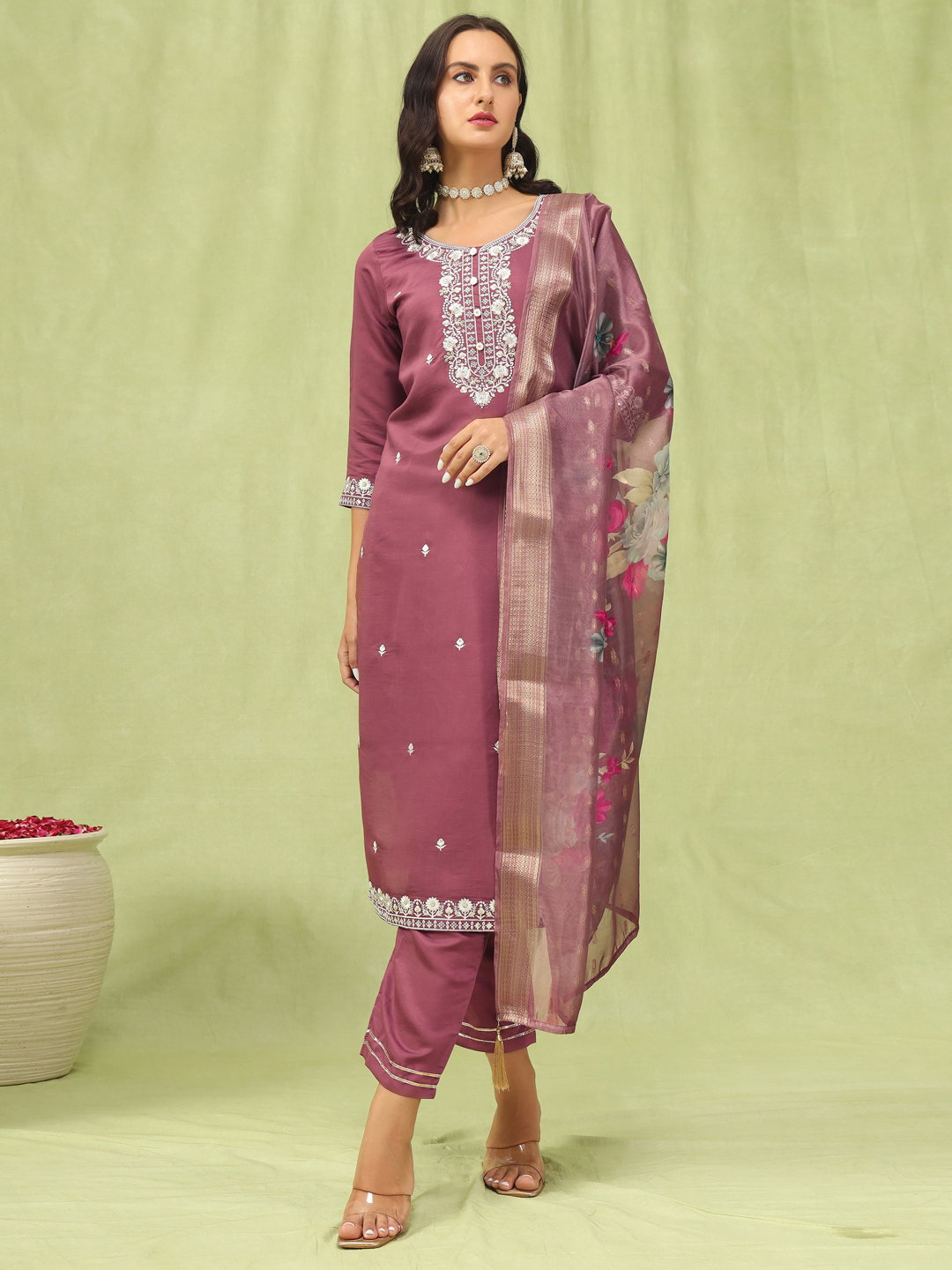 VP 9594 Viscose Roman Silk Embroidery Straight Kurta Pant with Organza Dupatta