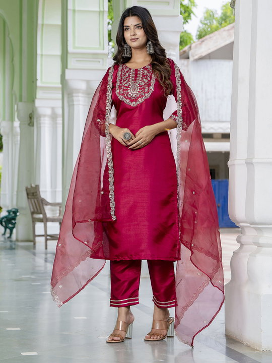 VP 9503 Silk Blend Embroidered Kurta Set with Dupatta