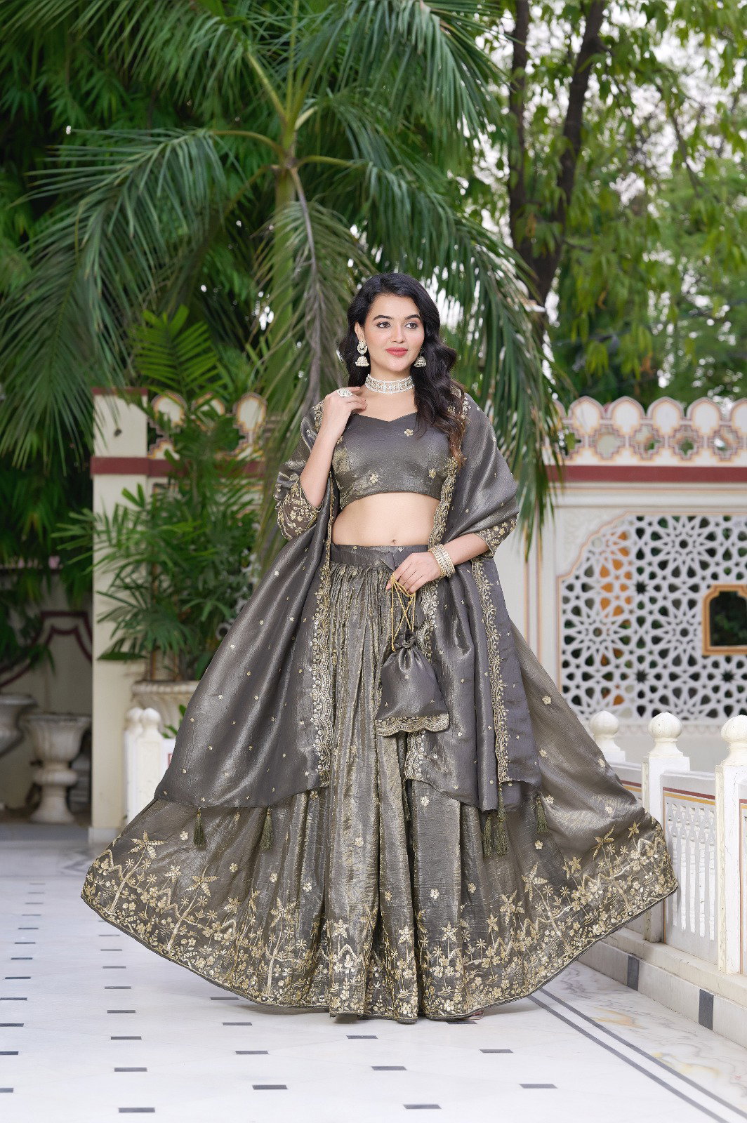 Aawiya PC1021 GRY Gold Crush Weaving Zari Sequins Touch Up Lehenga Choli
