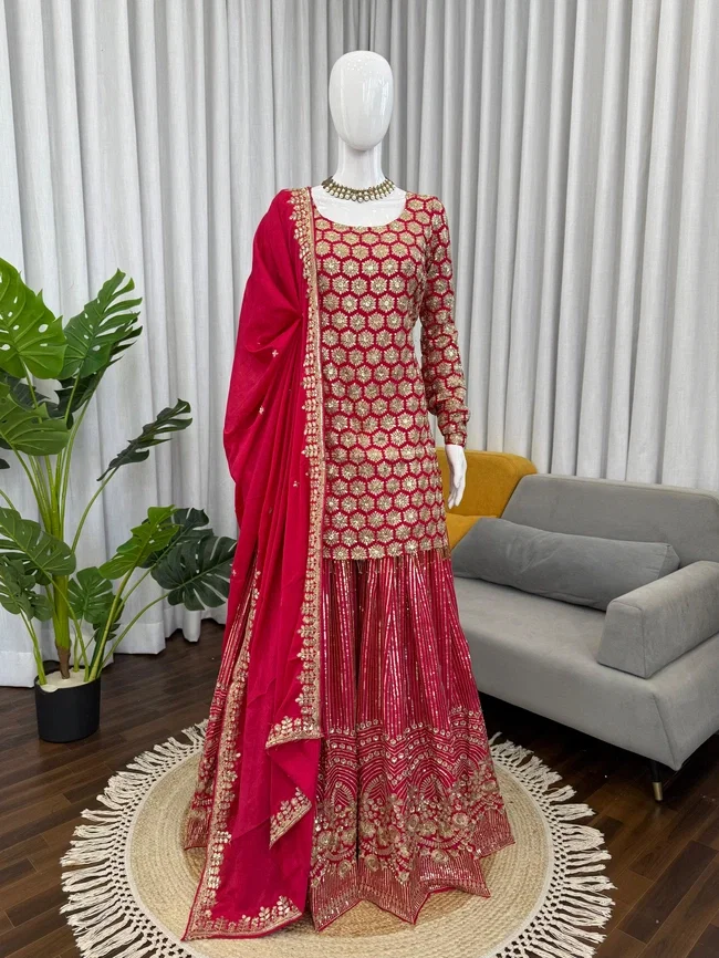 Glory 5963 Gorgette Short Kurti With Sharara Dupatta Set