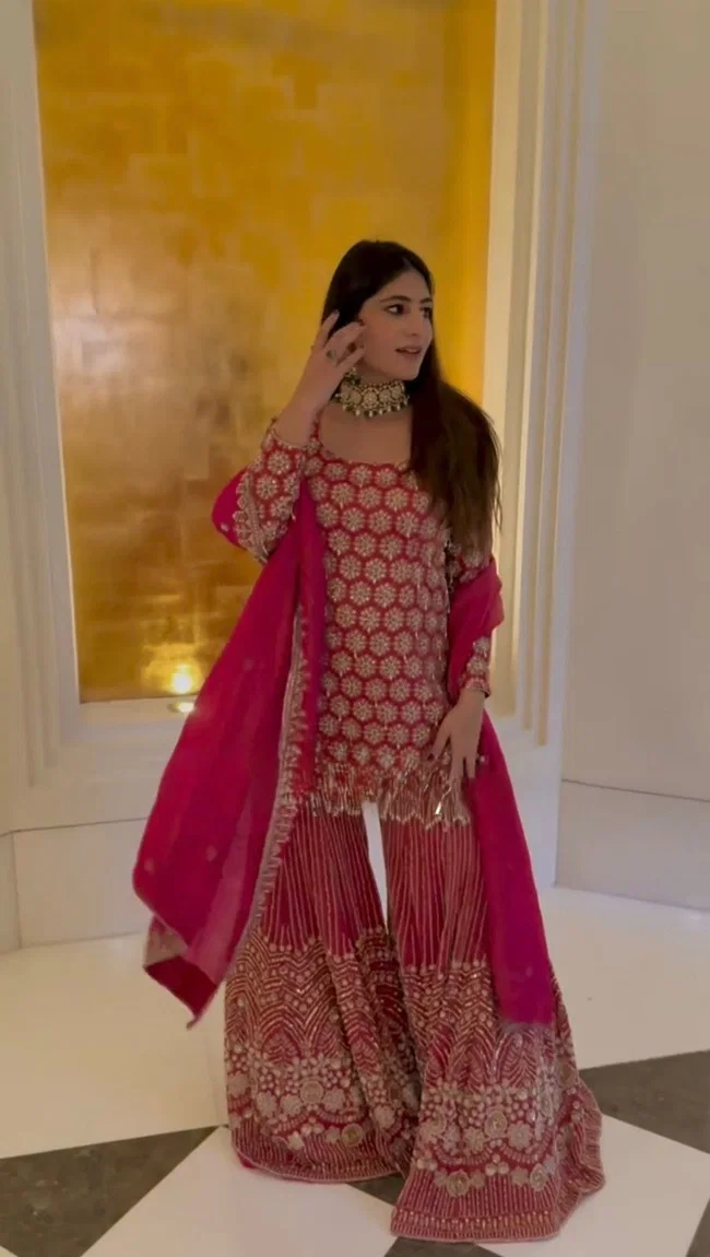 Glory 5963 Gorgette Short Kurti With Sharara Dupatta Set
