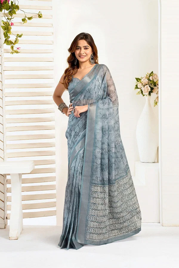 Meera 319 Party Wear Printed Linen Fabric Ready to Wear Saree with Un Stitched Blouse