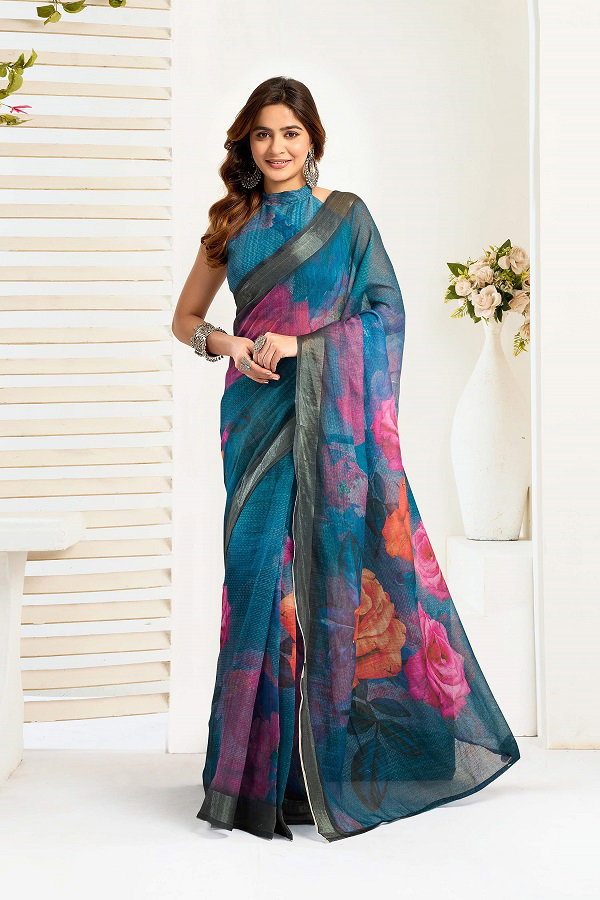 Meera 319 Party Wear Printed Linen Fabric Ready to Wear Saree with Un Stitched Blouse