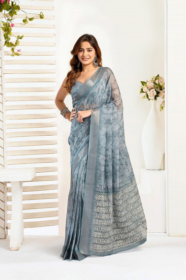 Meera 319 Party Wear Printed Linen Fabric Ready to Wear Saree with Un Stitched Blouse